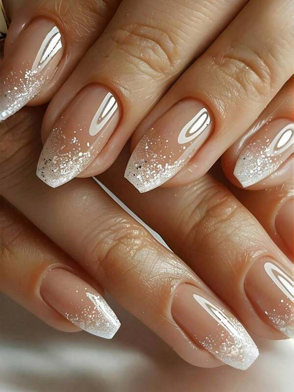 24pcs Short Ballet Style Fake Nails, Glitter Ombre White Nail Wraps, Full Cover Removable Manicure Set For Women, Suitable For Party, Prom, Everyday Wear
