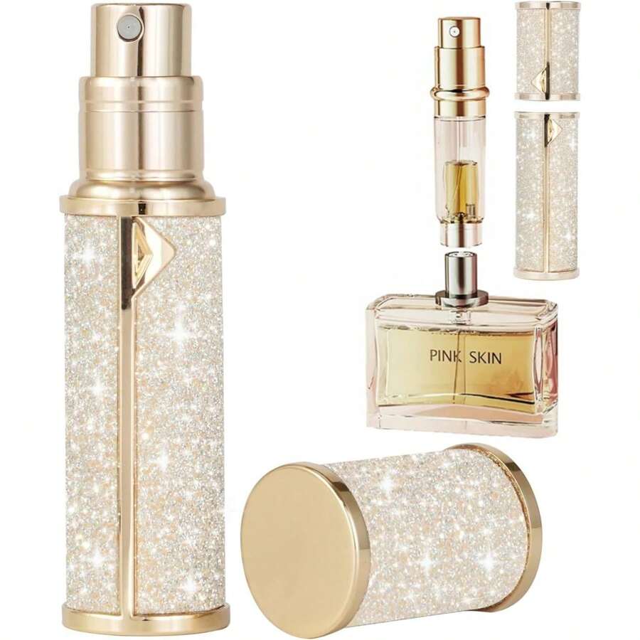 Travel Perfume Bottle Refillable,Perfume Travel RefillableSpray Bottles Leather Dispenser, Portable Empty Spray Bottle Dispense Filling Atomizer 5ml Golden