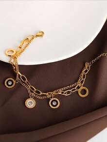 RAYQUEEN 1pc Stainless Steel Gold Color Layered Shell Bracelet, Luxury Rhinestone Inlaid, Minimalist Design Jewelry, Suitable For Daily Wear - Yellow Gold - View 4