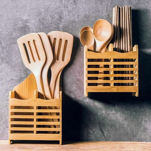 Soporte para palillos, soporte para cubiertos de bambú, jaula para palillos, soporte para cubiertos, soporte de almacenamiento de cocina, cuchara, palillos, escurridor de cubiertos, utensilios de cocina