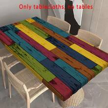 1pc Retro Wood Grain Patchwork Tablecloth, Natural Style, Elastic Edges, Easy To Clean, Suitable For Family Gatherings, Outdoor Picnics, Themed Parties, Indoor/Outdoor Use