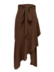 Saia Elegante Assimétrica com Babado na Barra, Cintura Marcada, Cor Sólida, Casual e Sexy para Encontros, Halloween