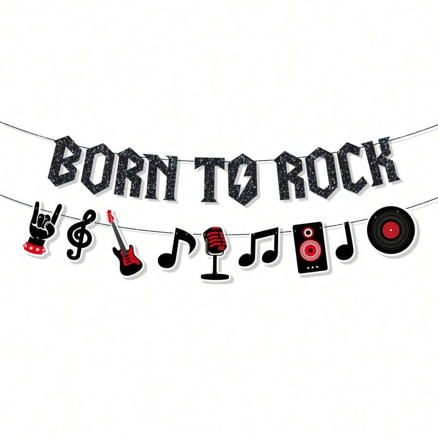 Set de 2 piezas, Nacido para rockear, Banner con cuerda brillante y guirnalda de notas musicales, Decoraciones para fiesta de rock and roll de los años 50, Suministros para fiesta de cumpleaños número 1 con tema musical, Recuerdos para fiesta de rock de los 50, Decoración de pared con discos - Multicolor - Ver 1