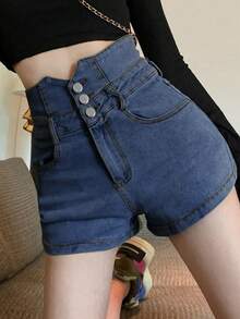 女式高腰修身牛仔短裤 - 深色水洗藍 - 查看 2