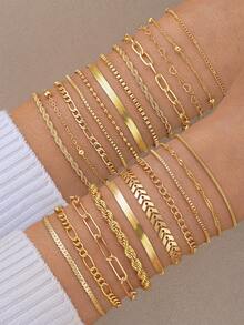 11/10/5pcs Fashionable Minimalist Elegant Airplane Chain Heart Multi-Layer Bracelet Set, Women Vacation Date Party Gift Versatile Daily Wear - Yellow Gold - View 1
