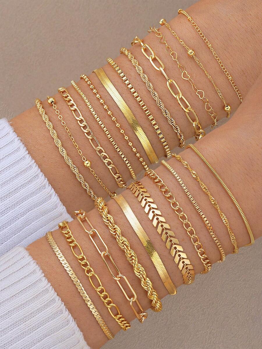 11/10/5pcs Fashionable Minimalist Elegant Airplane Chain Heart Multi-Layer Bracelet Set, Women Vacation Date Party Gift Versatile Daily Wear - Yellow Gold - View 1