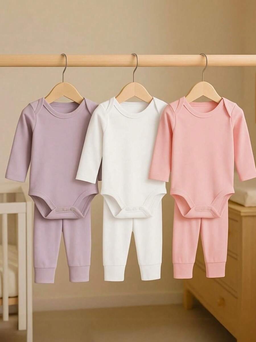 6 Piece Set Long Sleeve Bodysuit And Foot-Wrapped Trousers 100% Cotton Baby Boy And Girl Layette Newborn To 12 Months Motherhood 3 Trousers And 3 Bodysuits - 淺粉色 - 查看 1