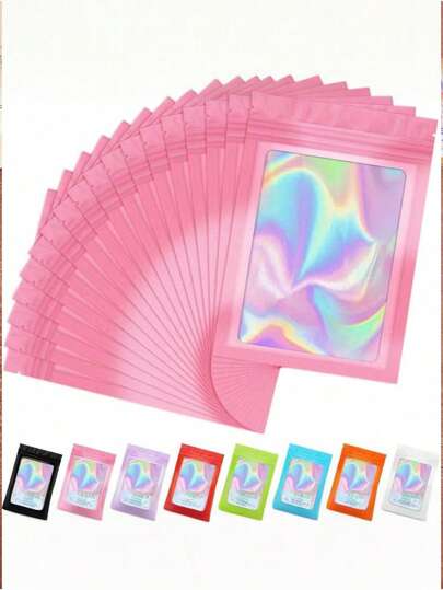 100/10 piezas Bolsas transparentes holográficas, bolsas de embalaje a prueba de olores, bolsas selladas, bolsas de almacenamiento de alimentos de película de poliéster, bolsas selladas con cremallera, bolsas resellables holográficas de película de poliéster, bolsas de regalo, bolsas a prueba de olores, bolsas de papel de aluminio, adecuadas para regalos de fiesta, almacenamiento de alimentos, bolsas de película de poliéster, bolsas resellables con ventana transparente holográfica