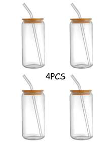 1PC 450/550ml Can Shaped Glass Cups With Bamboo Lids And Straws, Iced Coffee Cup, Reusable Beer Can Tumbler, Aesthetic Drinkware, Travel Coffee Mug, Cute Smoothie Tea Cup, For Summer, Gifts, Glass Cups