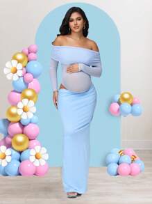 JustVH 孕妇露肩优雅褶饰网眼长裙，适合宝宝派对拍摄