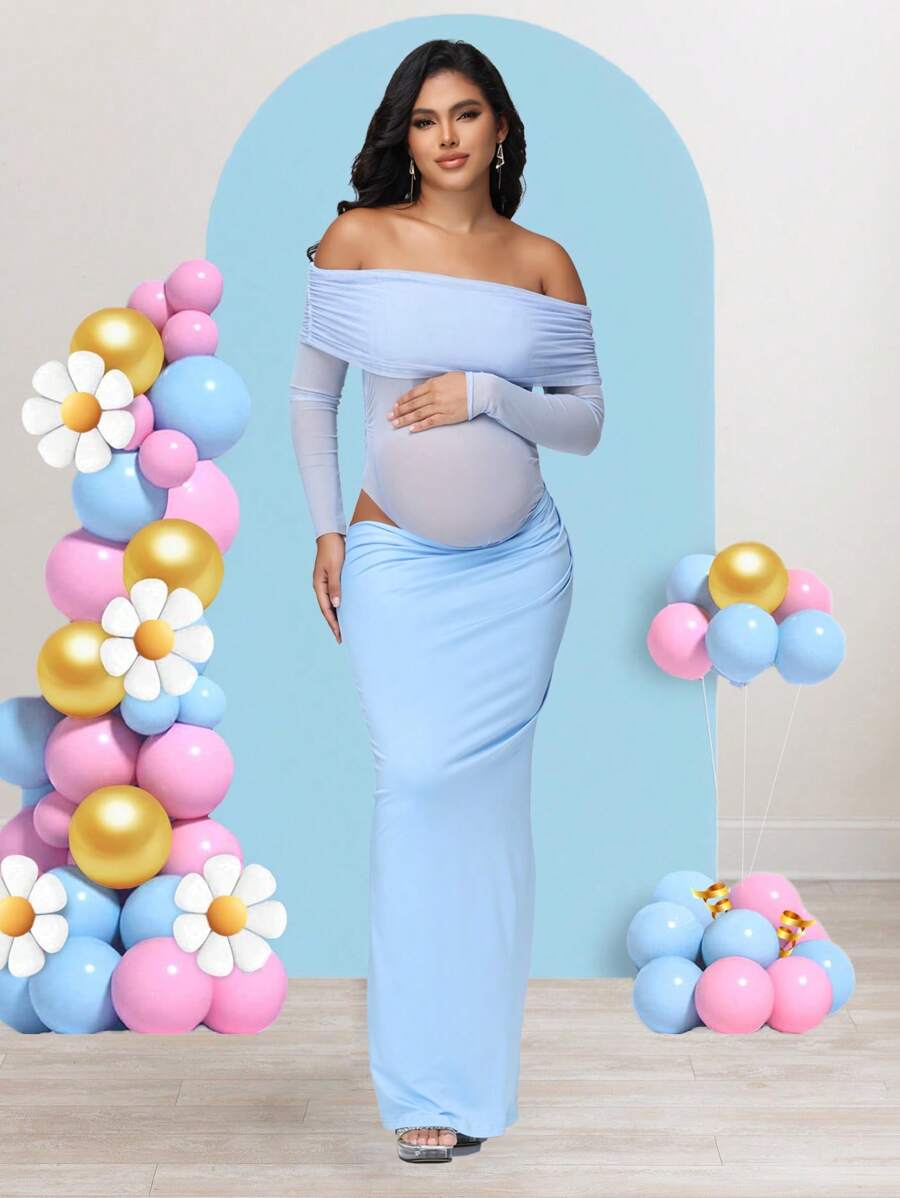 JustVH 孕妇露肩优雅褶饰网眼长裙，适合宝宝派对拍摄