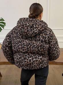 Livesso Leopard Print Loose Hooded Long Sleeve Zipper Women's Padded Coat Jacket ,Winter Women Clothes,Winter Coat Women