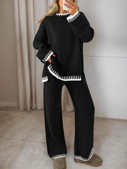 2pcs Women Colorblock Sweater Set, Long Sleeve Crew Neck Sweater Top And Pants, Women Casual Loungewear Set For Autumn/Winter