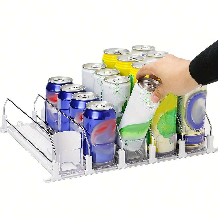 Tủ đựng đồ uống tủ lạnh màu trắng có ngăn chia hai tầng và hộp đựng lon nước ngọt - Thiết kế tiết kiệm không gian, dễ dàng lấy lon và chai, lưu trữ đồ uống | Giá đựng đồ uống hiện đại | Nhựa