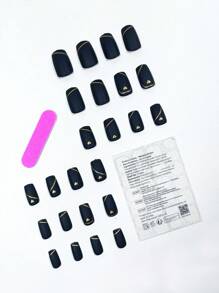 24Pcs Minimalist Cute Short Square Gold Heart Line Black French Minimalist Fashionable Nail Stickers, Wearable Nail Art Decal Stickers Suitable For Daily, Date, Afternoon Tea, Outgoing Press On Nails Nail Supplies Nails