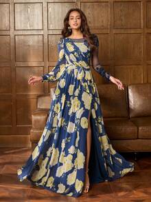 Faeriesty 印花优雅雪纺花卉印花长裙 - 交叉领口，带有蕾丝花朵的透明网眼肩部面板，可调节腰带以修饰轮廓，飘逸的及地长裙 | 浪漫婚礼和花园派对服装 - 藏蓝色 - 查看 8