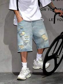 男士轻洗破洞牛仔短裤，休闲宽松中长短裤，2025新款破洞牛仔短裤 - 淺色水洗藍 - 查看 4