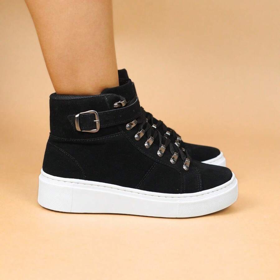 Women's Casual High-Top Sneakers In Comfortable Suede, Premium Line - Đen 1170 - Xem 1