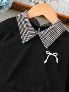 2 件套休闲学院风黑色长袖格子领上衣和褶皱及踝长裤套装，适合春秋季 - 黑色 - 查看 3