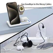 Mingmai 3-In-1 Folding Wireless Charging Station Compatible With IPhone 15, 14, 13, 12, 11/Pro/Max/Mini/Plus, 3/2/Pro, And 1-9 - Magnetic USB Charging Base With LED Indicator, Black, Apple Charging Station | Modern Charging Station | Sleek Charging Pad - X455 White - View 2