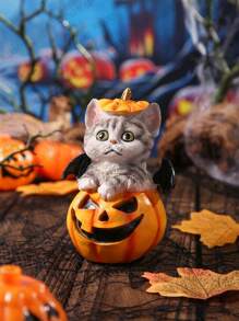 1 pièce Figurine de chat d'Halloween mignonne, statue de chaton de citrouille en résine Calico, décoration d'intérieur de style bohème, décoration de chambre, décoration intérieure, ambiance décorative pour les fêtes, Halloween, décoration de maison