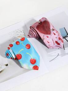 1 条红心樱花图案丝滑手工领带，适合休闲、街头、日常穿着、派对、学校搭配