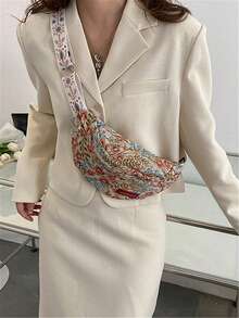 女士胸包 - 休闲大容量轻便斜挎包 - 时尚提花面料购物旅行腰包 - 彩色 - 查看 3