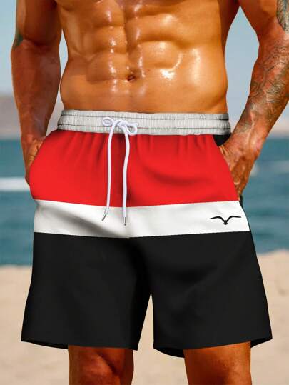 Shorts de traje de baño informales para hombre talla grande con estampado 3D digital de gaviota hawaiana de contrastes, de corte suelto con cordón para vacaciones en la playa