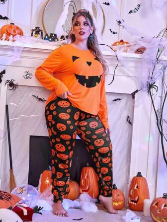 Plus Size Halloween Music Festival Casual Sleepwear Set, Women Pumpkin & Bat Print Long Sleeve Pants 2-Piece Loungewear Set, Suitable For Spring, Autumn & Winter