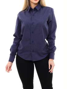 Women's Formal Shirt Premium Linen Structured Long Sleeve Shirt - Navy Blue - View 2