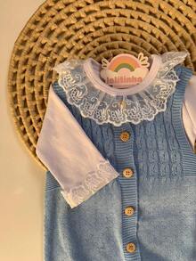 Ema Button Knit Set Girl Bodysuit Overalls Baby Romper - 淺藍色 - 查看 5
