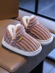 1 双儿童男童/女童休闲防滑毛绒内衬包头家居拖鞋，温暖毛绒室内拖鞋，儿童生日礼物 - 咖啡棕 - 查看 3