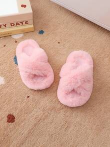 Girls Fluffy Faux Fur Slippers, Comfortable Thick Sole Indoor Shoes, Fashion Simple Slip-Ons For Autumn/Winter