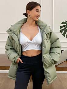 Livesso 拉链连帽加厚口袋外套，女士冬季外套夹克 - 軍綠色 - 查看 6