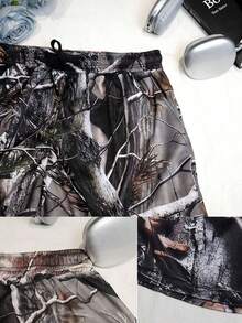 Pantalones cortos de cintura media ajustados con estampado tropical de árboles reales y malla de camuflaje informal de 5 pulgadas para hombre, transpirables y versátiles para baloncesto, golf, playa, gimnasio, correr. Ropa de verano para entrenamiento estilo urbano y unisex. - Marrón - Ver 4
