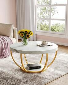 Round Coffee Table, 32" Circle Faux Marble Coffee Tables For Living Room, 2-Tier Golden Metal Legs Accent Center Table With Open Storage Modern Design Home Furniture (White And Gold),7955890 - White - View 5