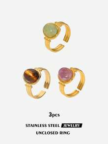 复古优雅椭圆形虎眼石可调节开口戒指，女士款 - 合成石、天然石、金色不锈钢，适合日常佩戴及特殊场合，亦可作为礼物 - 石頭 - 查看 13