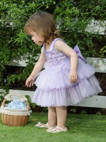 Baby Girls' Mermaid Bow Sequin Deep V Back Tulle Lavender Elegant Princess Dress, Suitable For Baby's 1st Birthday Gift, Banquet, Evening Party, Special Occasion, Holiday Celebration - Mauve Purple - View 4