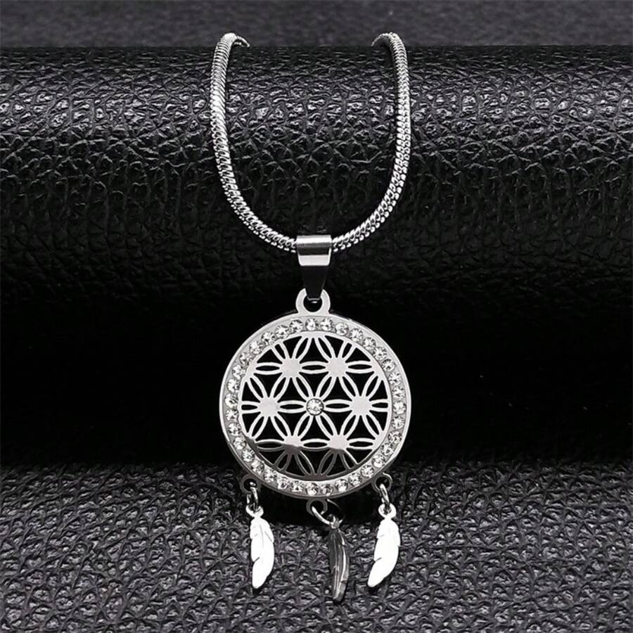 极简捕梦网项链不锈钢金色生命之种羽毛流苏项链珠宝美学 - 項鍊 - 查看 1