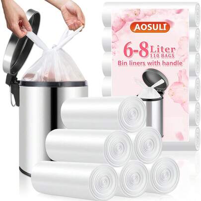 6-8 Liter Trash Bags Waste Paper Bin Liners, Small Bathroom Pedal Trash Can Bags Pack Of 110, White, For Toilets, Offices And Bedrooms, Fits 3-9L Trash Can.