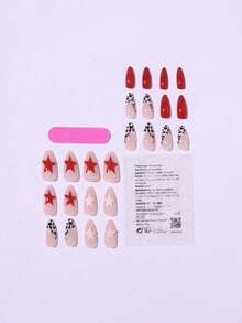 24 件中长杏仁按压指甲和假指甲，白色法式边框搭配豹纹图案，红白星星，Y2K 风格，独立日，经典款式，是送给女孩和女士的惊喜礼物 - 彩色 - 查看 2