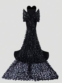 Faeriesty Elegant Floral Appliques Tulle Train Mermaid Hem Tube Wedding Dress - Black - View 11