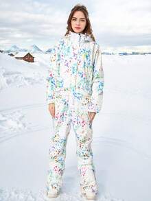 1-częściowy damski kombinezon narciarski w stylu graffiti z kieszeniami na zamek, odpinany kaptur do sportów zimowych, zimowa damska kurtka narciarska outdoorowa, uszczelniony zamek błyskawiczny z konstrukcją zapobiegającą zgubieniu, komplet narciarski z kieszeniami na zamek, zimowy kombinezon narciarski, odzież sportowa odpowiednia do aktywności na świeżym powietrzu, zimowy sprzęt narciarski, wzmocniona konstrukcja, funkcjonalny sprzęt narciarski, wytrzymały sprzęt narciarski, odzież narciarska, damskie stroje narciarskie - Wielokolorowe - Zobacz 3