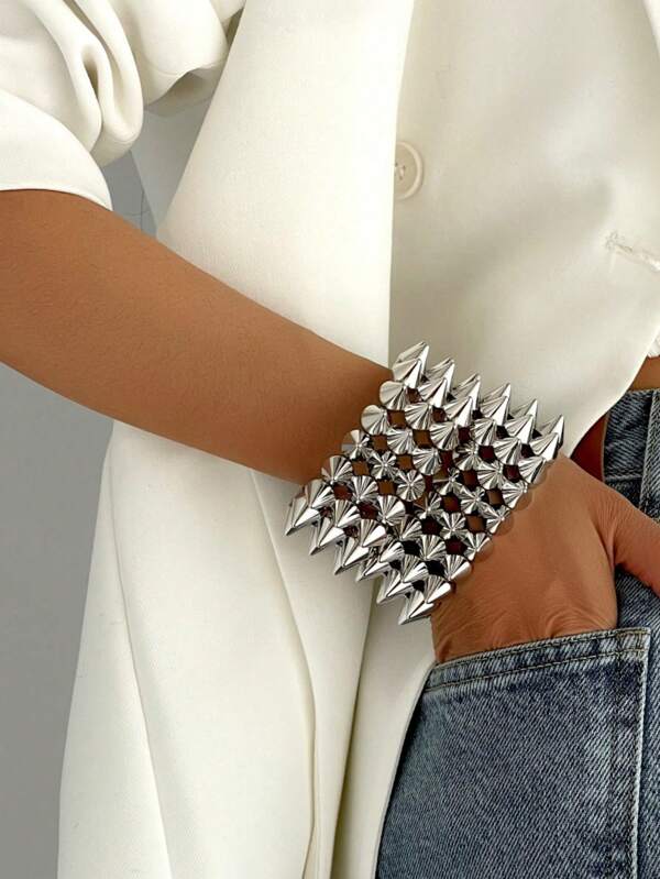 2pcs Punk Rock Style Studded Spiked Bracelets, Couple Set Silver Color Rivet Bangle, Suitable For Daily Wear, Parties, Music Festivals