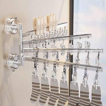 吸盘式折叠袜夹，节省空间的阳台晾衣架，可180°旋转，耐用的家用洗衣收纳整理架，适用于日常穿着的衣物、针织衫和精致衣物，多功能衣物架，便携易安装，轻巧坚固，是小型公寓、宿舍、洗衣房、浴室和室内晾晒的理想之选，小巧而多功能，可用于晾晒衣物、毛巾、内衣和配饰，打造现代家居风格。