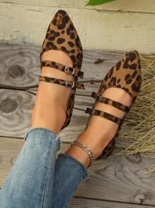 秋冬女式豹纹平底尖头一脚蹬乐福鞋，时尚休闲通勤舒适轻便平底鞋 - 豹紋 - 查看 2