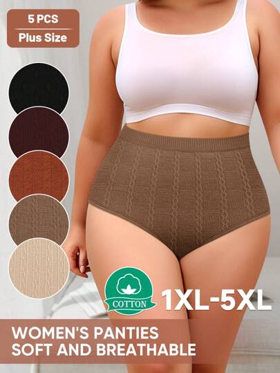 MEIYATING Paquete de 5 bragas sin costuras de algodón de talle alto para mujer de talla grande, con diseño jacquard, ajuste cómodo y control de abdomen