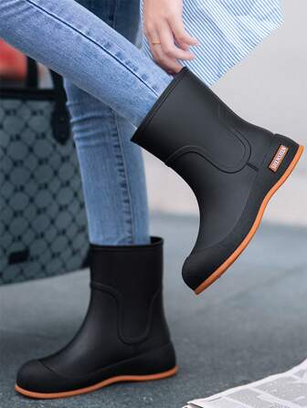 Women's Anti-Slip Rain Boots, Fashionable Mid-Calf Rainboots, Comfortable Flat Boots