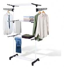 3-Tier Large Foldable Clothesline With 4 Wheels - Blanco y Negro - Ver 3