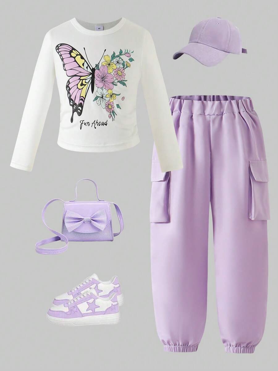 2 pezzi set di t-shirt a maniche lunghe e pantaloni in maglia morbida e comoda con stampa di lettere inglesi e farfalle/fiori, adatto per l'abbigliamento da esterno in autunno/inverno per ragazze